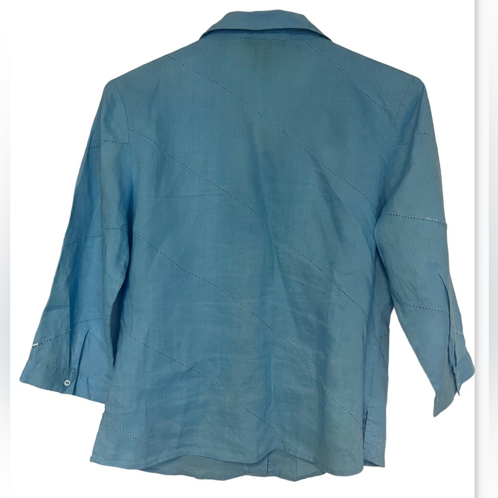 Anne Carson 100% Linen Aqua Blue Button Down 3/4 Sleeve Embellished size M - Picture 2 of 13